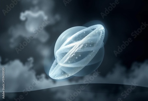 A shimmering gray sphere floats, twisting in a hazy, ethereal light,  light,  ethereal