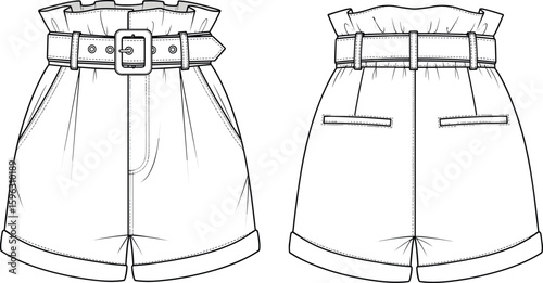 Flat vector CAD drawing of high-waist belted shorts with cuffed hem, paperbag waist, front pockets, back welt pockets design