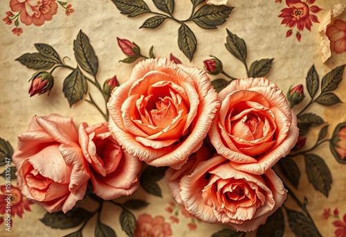 Antique floral wallpaper, faded roses on textured paper,  illustration,  old