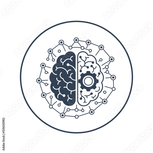 Brain and gear illustration inside a circle representing artificial intelligence or machine learning.