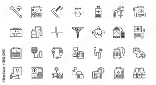 A collection of line art illustrations depicting various medical equipment, supplies, and symbols, arranged in rows on a white background.