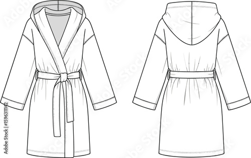 Flat vector cad drawing of hooded bathrobe with belt, front and back views, perfect for sleepwear, loungewear, or clothing design