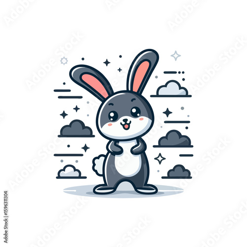Cheerful rabbit with long ears, standing on hind legs