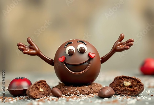 Smiling chocolate truffle with outstretched arms, playfully inviting,  brown,  macro