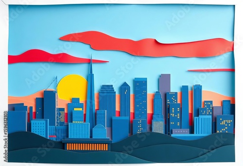 Vibrant layered paper cut city skyline, modern architecture, sunset hues,  pattern,  creative