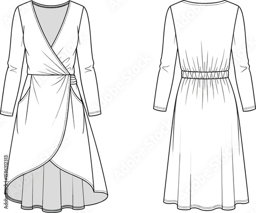 Flat vector cad drawing of long sleeve wrap dress with ruched waist, asymmetrical hemline, front and back technical fashion sketch