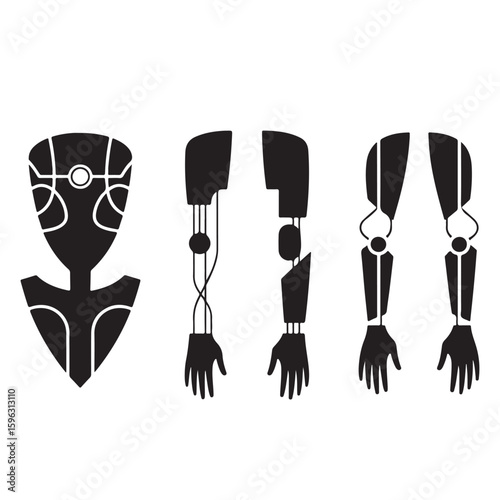 Abstract black and white illustration of a disassembled robot with head and arms on a white background