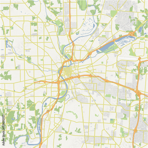 Map of Dayton in Ohio in a normal road map style. Contains layered vector with roads water, parks, etc.