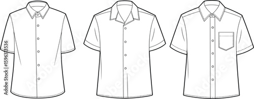 Men's short sleeve shirt cad drawing, flat vector sketch design, front view fashion illustration with collar, button, pocket details