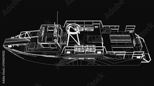 A detailed black and white military boat contour drawing stands out against a stark black background. The hull, deck, and intricate features are sharply defined.