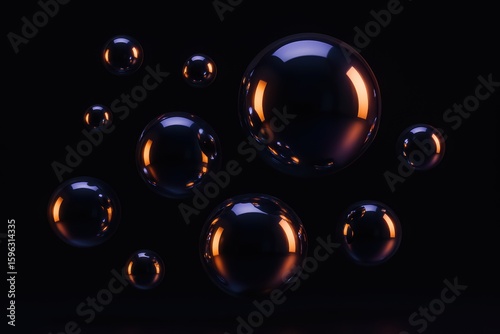 Illuminated soap bubbles suspended against a dark background, showcasing reflections and a surreal, tranquil atmosphere.