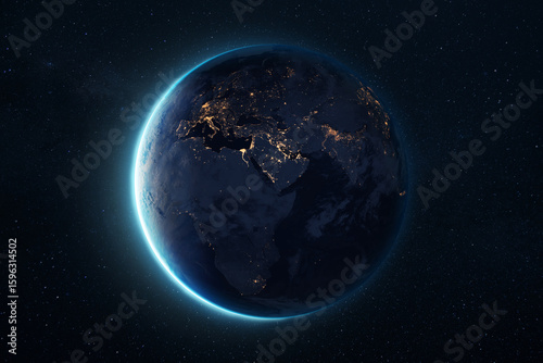 Fototapeta Naklejka Na Ścianę i Meble -  Planet Earth at night viewed from space, showing glowing city lights and illuminated atmosphere. Stunning satellite view of our planet in the vast. Beautiful Earth with Eurasia, Middle East, Africa