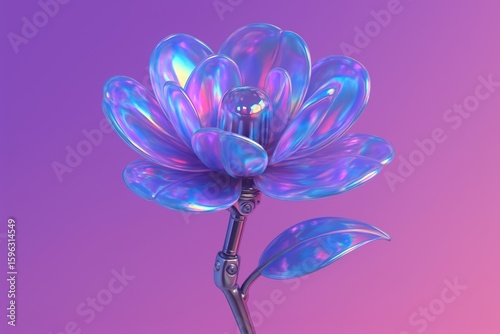 Iridescent robotic flower on a vibrant gradient background, blending nature and technology in a surreal aesthetic.