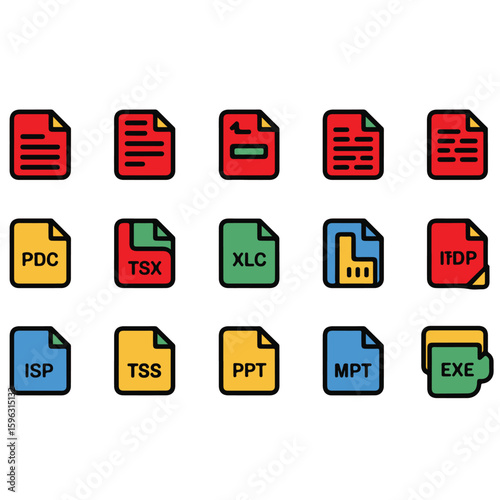 Fifteen document file icons with different colors and extensions arranged in three rows of five icons