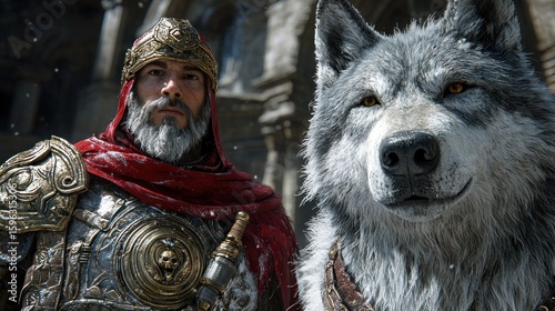 Medieval warrior and wolf