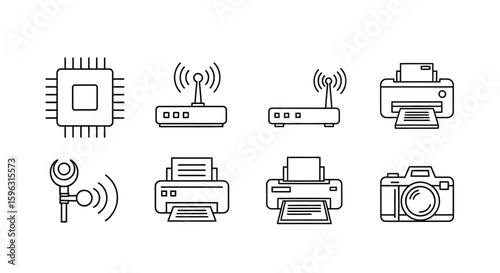 Collection of minimalist line art icons depicting computer hardware and peripherals.