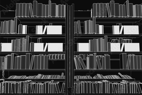 A black and white wireframe illustration of a bookshelf neatly stacked with various books, resembling an organized library. The clean lines and monochrome style emphasize structure and order.
