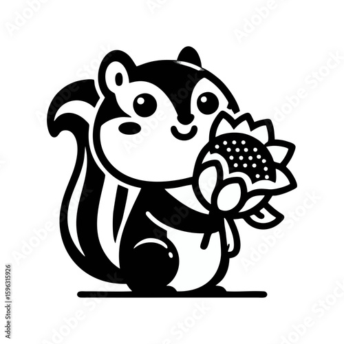 chipmunk with striped cheeks holding a giant sunflower