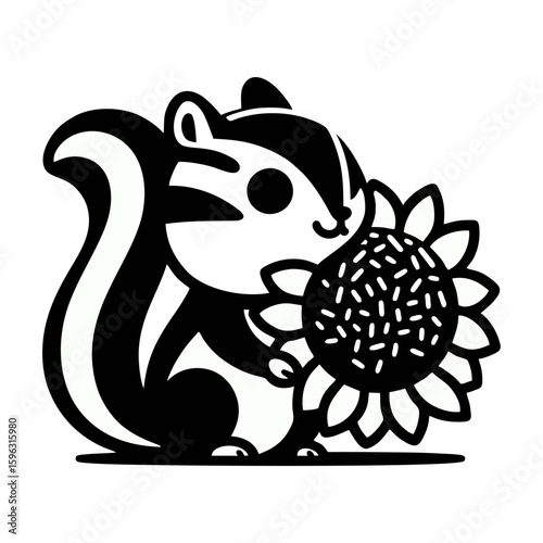 chipmunk with striped cheeks holding a giant sunflower