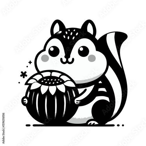 chipmunk with striped cheeks holding a giant sunflower