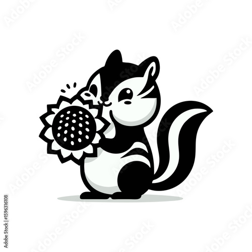 chipmunk with striped cheeks holding a giant sunflower