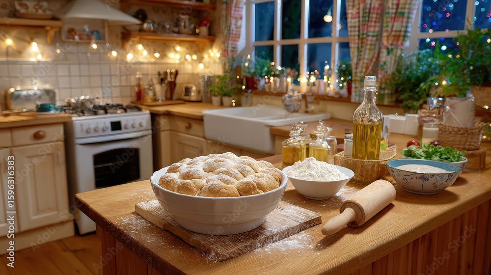 Fototapeta premium Cozy Empty Kitchen Scene with Flour and Baking Ingredients