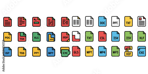 A collection of various file format icons displayed in a grid pattern on a white background