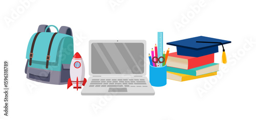 Educational Elements: Laptop, Books, Backpack, Rocket, Graduation Cap