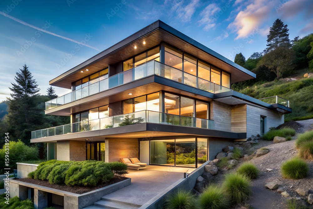 Modern hillside house with cantilevered design, neutral exterior, and panoramic windows Modern hillside house with cantilevered design, neutral exterior, and panoramic windows