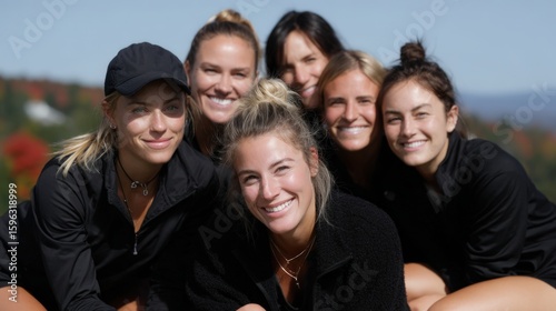 Group of six young women posing together outdoors during a sunny fall day in nature