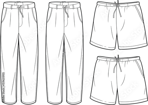 Flat vector CAD drawing of pants and shorts with drawstring waistband, front and back technical sketch for garment design