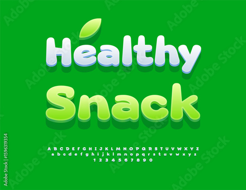 Vector Eco signboard Healthy Snack.Clean White 3D Font. Cute Round Alphabet Letters and Numbers set.