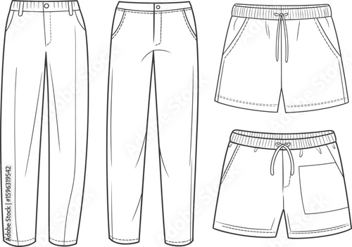 Flat vector CAD drawing of pants and shorts, front and back view, fashion technical sketch for garment design and illustration