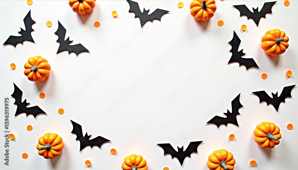 Naklejka premium Halloween flatly. Mini pumpkins and black paper bats on white background