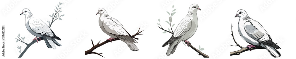 Fototapeta premium Four elegant white doves perched on branches with delicate leaves