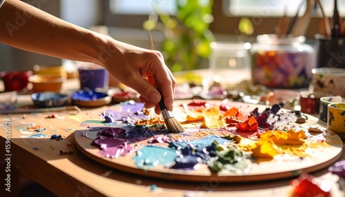 Creative Hand Mixing Colors with Brush in Artist Studio Workspace