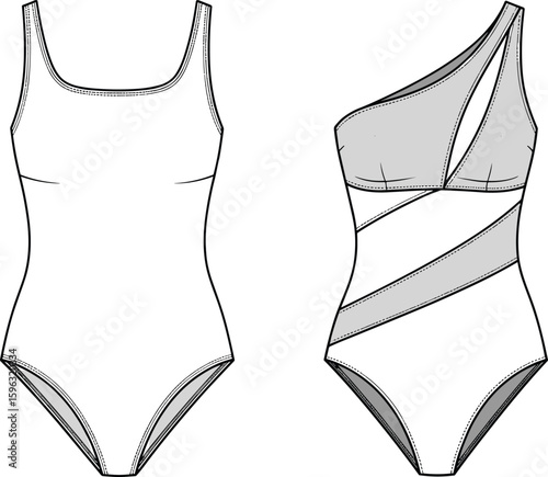 Flat vector cad drawing of women's one-piece swimsuits, front view fashion technical sketch, including basic and asymmetrical modern design
