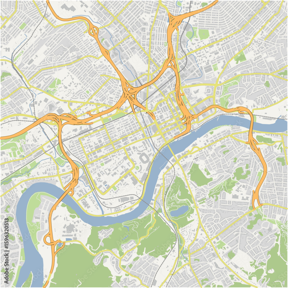 Obraz premium Map of Knoxville Center in Tennessee in a normal road map style. Contains layered vector with roads water, parks, etc.