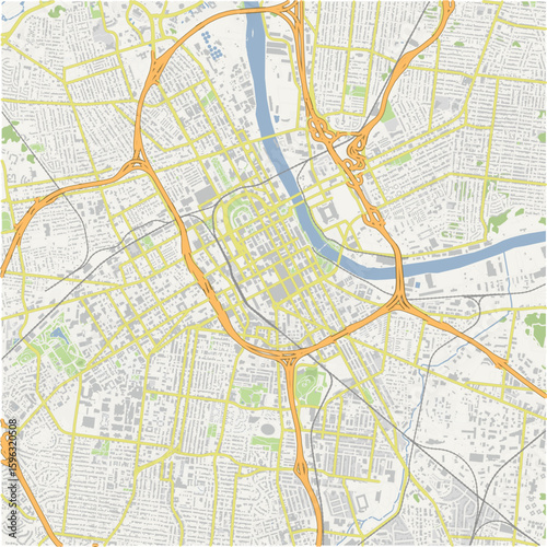 Map of Nashville Center in Tennessee in a normal road map style. Contains layered vector with roads water, parks, etc.