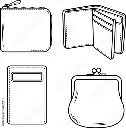 CAD drawing flat vector illustration, detailed wallet and purse design sketch, zipper pouch, bifold wallet, card holder, coin purse layout