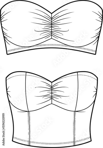 Flat vector CAD fashion illustration showing strapless bustier and crop top, detailed technical drawing for women’s apparel design and garment sketch
