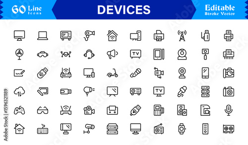 Modern Devices Icon Set Featuring Smartphones, Tablets, Laptops, and Wearables in Vector Style