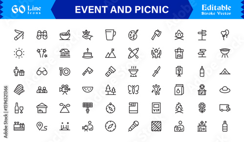 Event and Picnic Party Symbols – Professional Modern Line Icon Pack with Unique Vector Style for Festive, Outdoor, and Community Activities