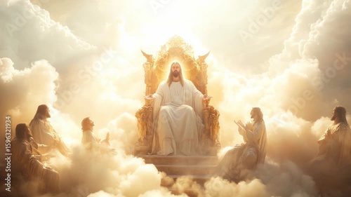 majestic golden throne with god in heaven in the sky surrounded white clouds and divine light. Second coming of Jesus Christ.