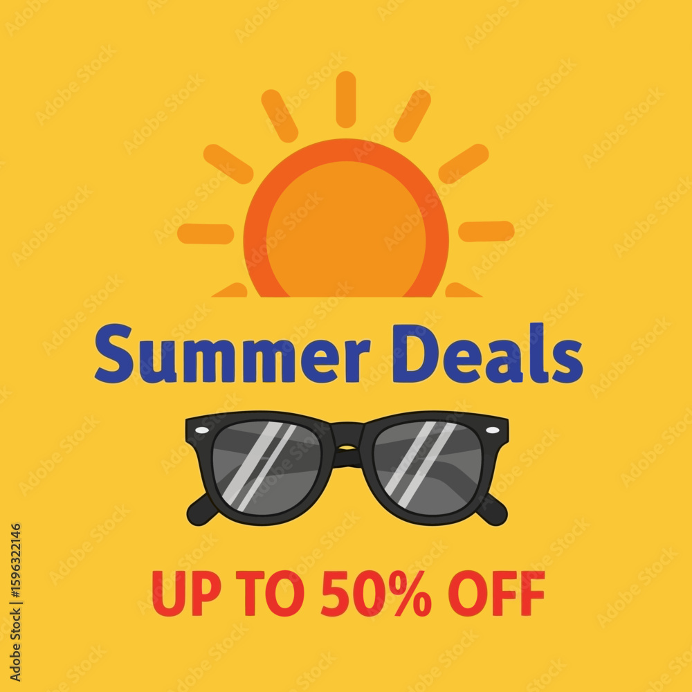 Fototapeta premium Vector Illustration Summer Deals Banner with Sun Sunglasses and Discount Text in Bright Colors