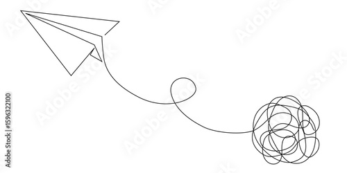 Paper Plane Journey from Chaos to Clarity - Minimalist One Line Art'Concept of Progress and Freedom.Earth with plant Continuous line drawing. Earth globe with plant sprouted inside eps 10