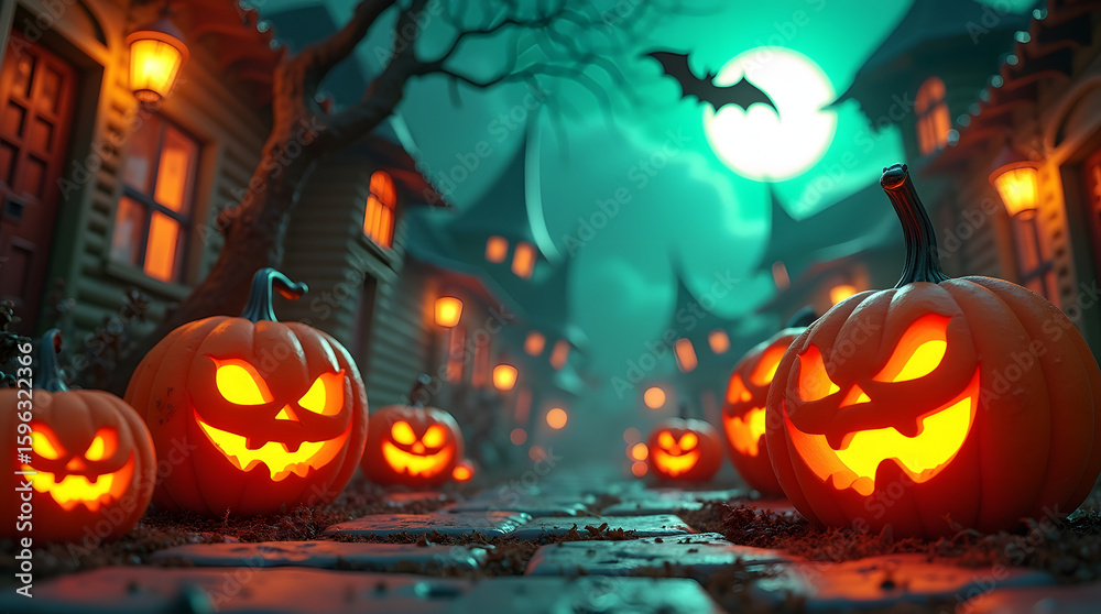 Fototapeta premium A spooky Halloween night scene in a old town filled with glowing Jack-o'-lantern pumpkins creates a magical and eerie atmosphere.