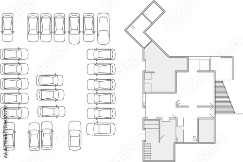 Top view building floor plan with car parking layout, CAD architectural vector drawing, residential blueprint, flat house plan illustration