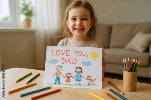 A young Caucasian girl with curly brown hair smiles while holding a colorful drawing that says 'LOVE YOU, DAD'. Colored pencils are scattered on the table.