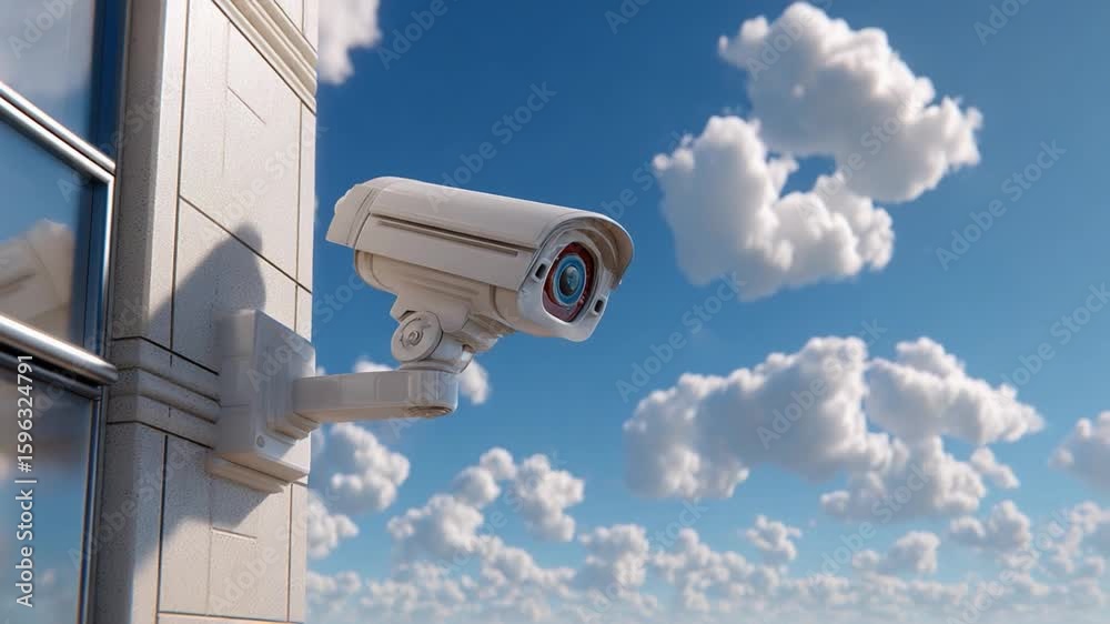 Security Camera Surveillance: A vigilant security camera, perched on a building, keeps a watchful eye over the expanse of the clear blue sky, representing vigilance, protection. Security Camera Surveillance: A vigilant security camera, perched on a building, keeps a watchful eye over the expanse of the clear blue sky, representing vigilance, protection.